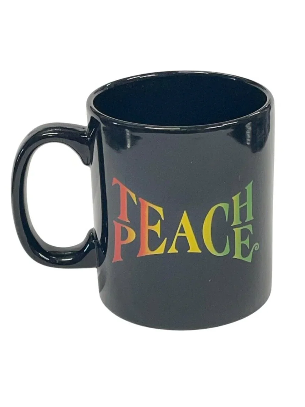 Global Design Confections‎ Black Ceramic Mug 15oz Teach Peace Rainbow Text
